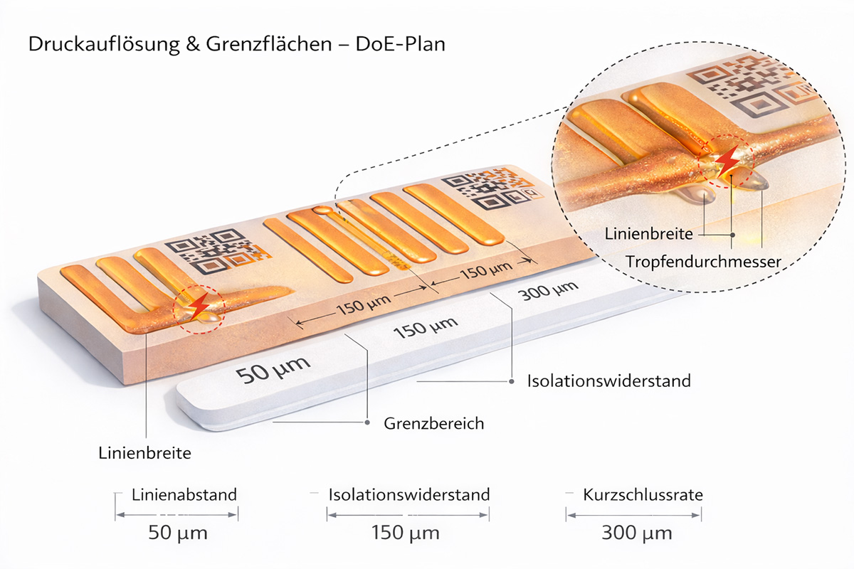 Prozessgrafik: Inkjet → Schichtaufbau → Prüfung